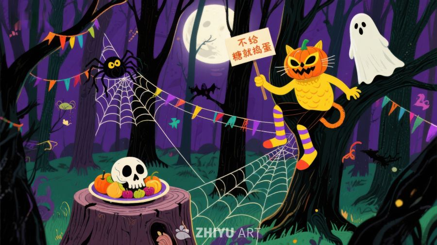 万圣节森林中的南瓜猫与幽灵
