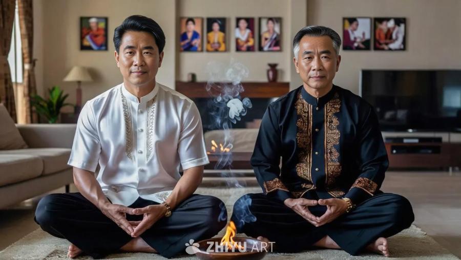 两位肤色棕色，具有印度尼西亚爪哇人面孔的男子坐在客