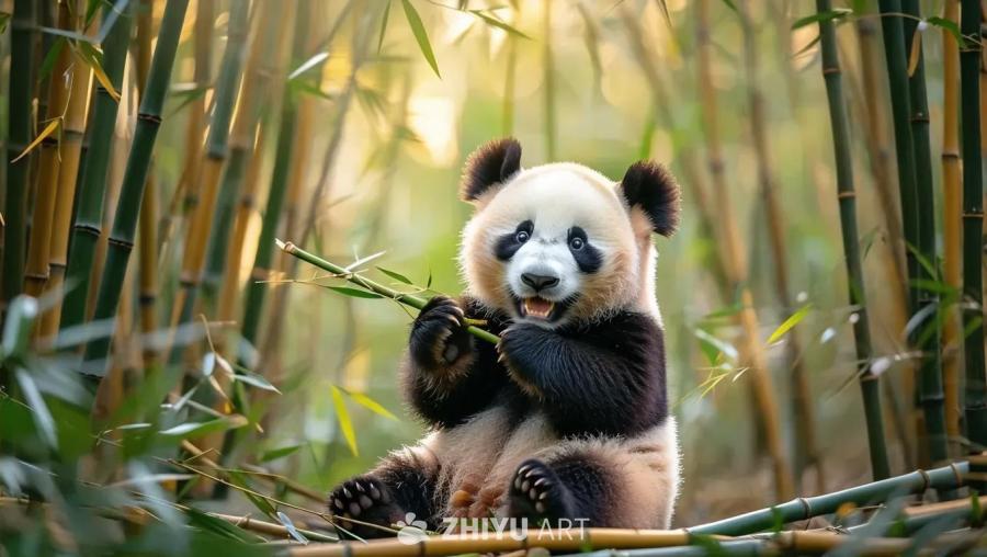 一只熊猫坐在茂盛的竹林里，周围环绕着高高的绿色竹竿