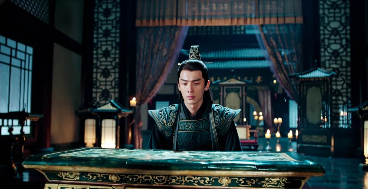 一位身着古代服饰的年轻男子坐在一张中式桌子前，头部