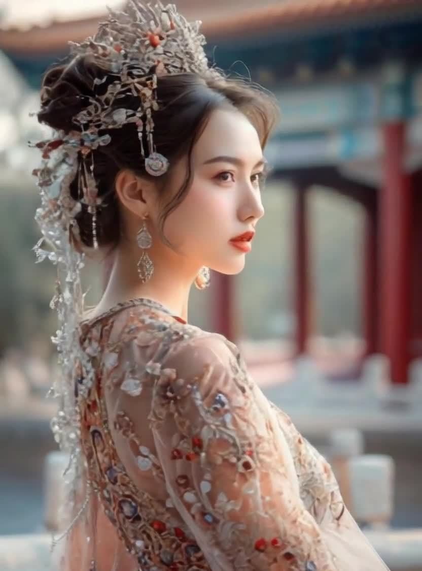 古典美人侧影，头戴华丽头饰，红唇惊艳。