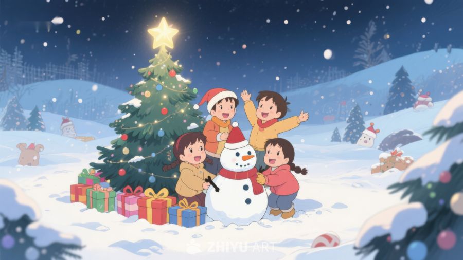 雪地里的圣诞树与欢乐儿童 311