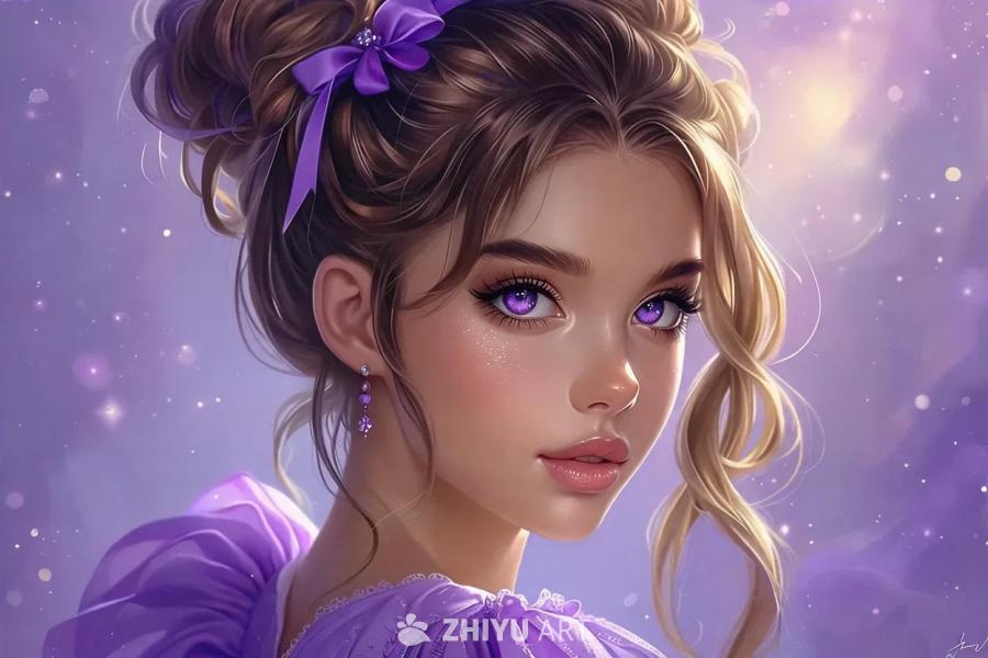 一位动漫少女，头顶着淡紫色和棕色的发髻，拥有淡紫色