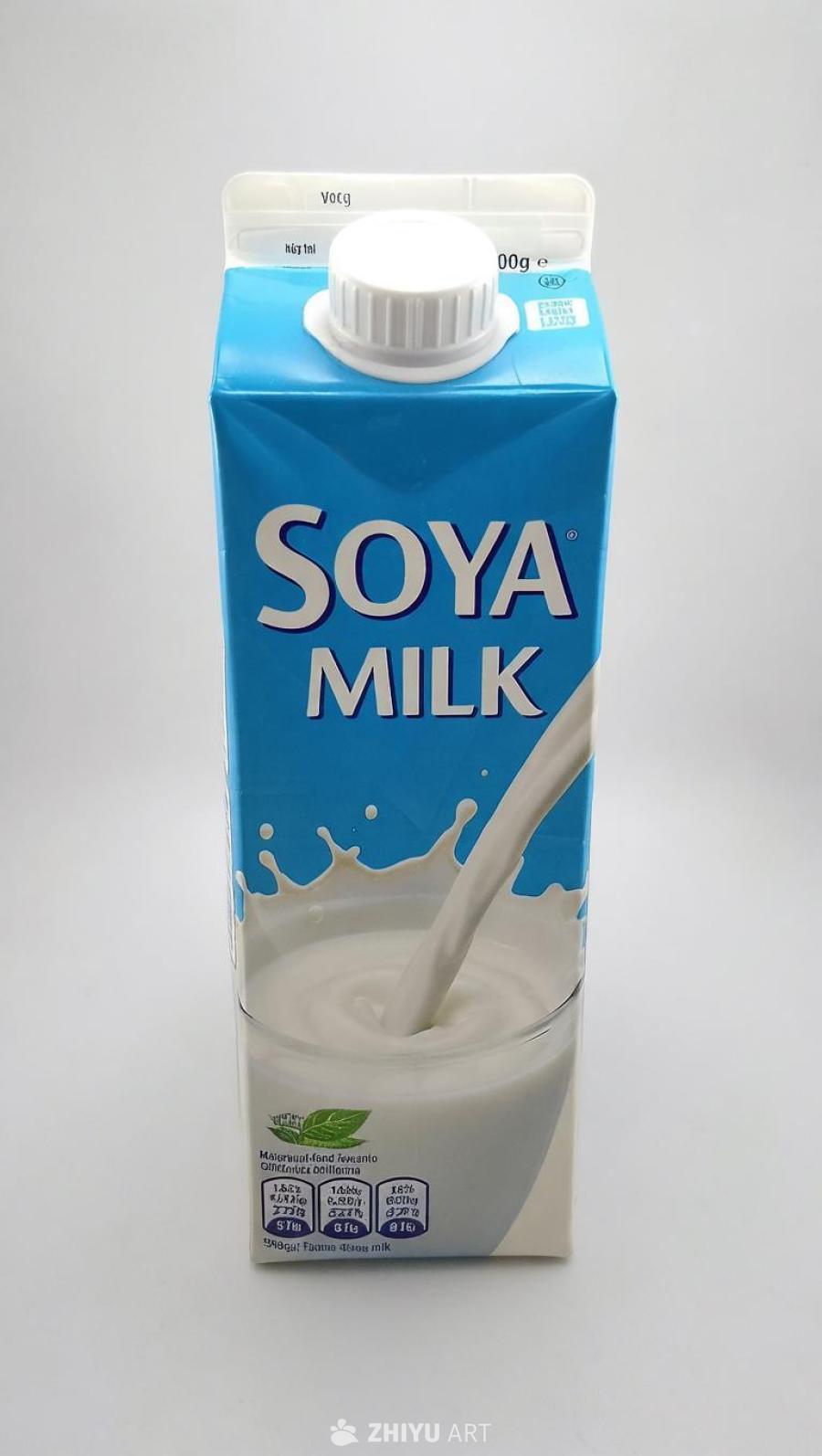 一个蓝色纸盒，上面印有“SOYA MILK”字样，