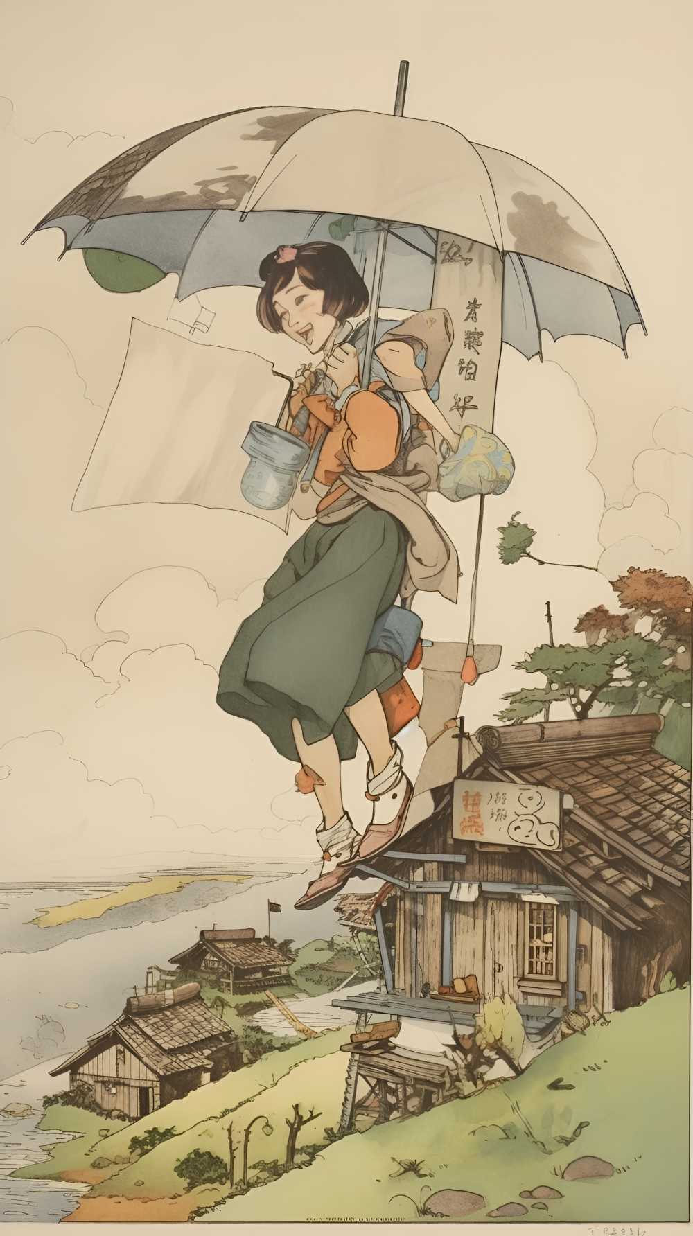拿着伞的动画片女孩