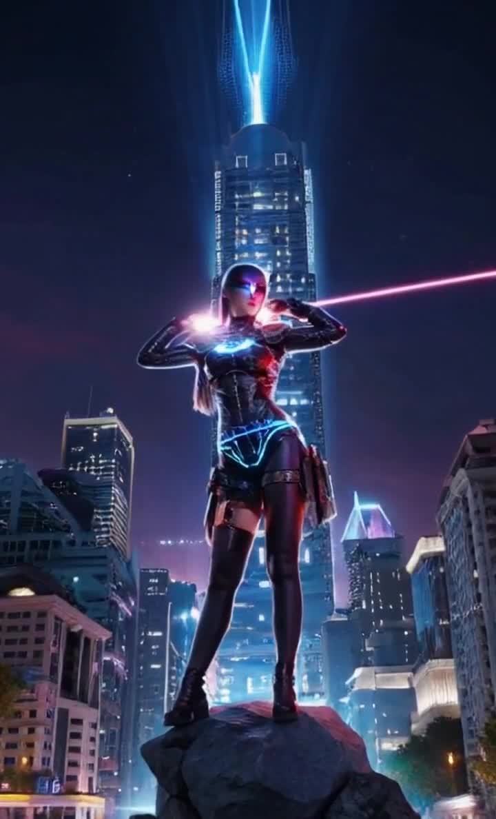 一位女侠客站在赛博朋克城市的高层建筑背景下。她身着