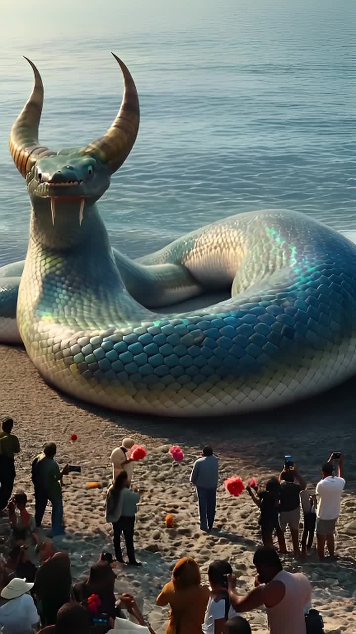 海滩上有一条巨大的蛇形生物，它身披鳞甲，头部长有两