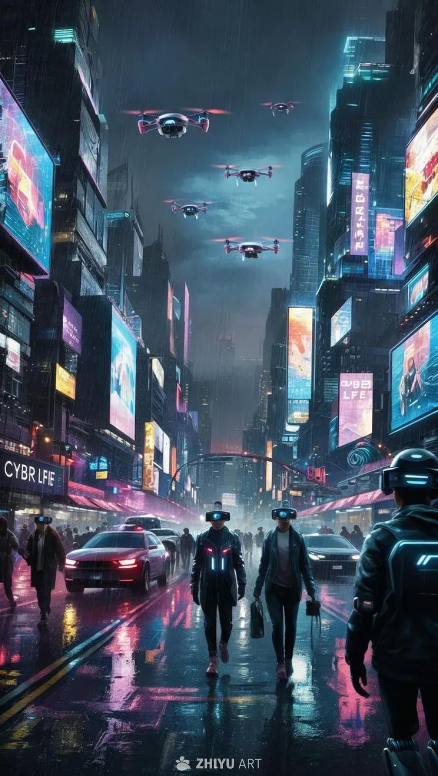 夜色下的未来赛博朋克城市，霓虹灯和全息广告牌照亮街
