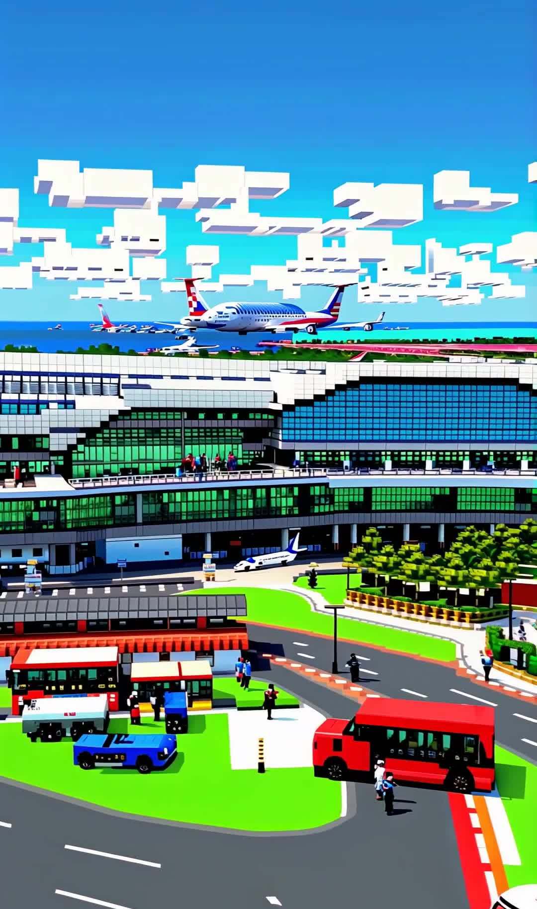 像素化机场：飞机与建筑的现代交通图景
