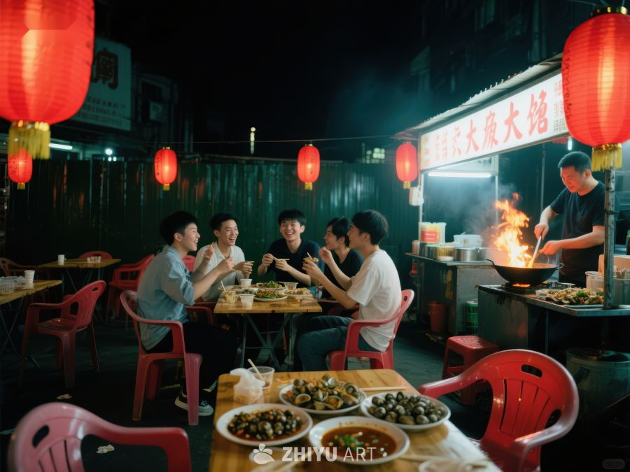 夜市摊前，朋友围坐共享美食 843