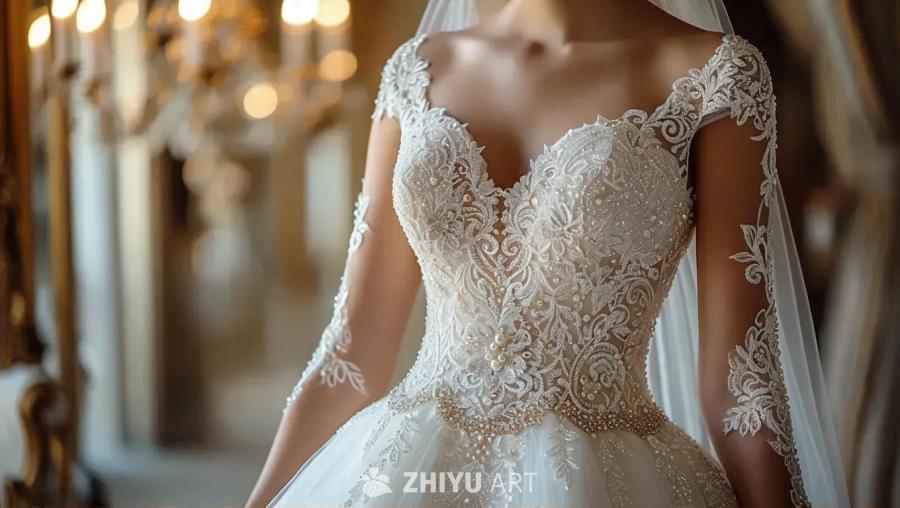 一件令人惊艳的、设计精巧的婚纱，装饰着精致的蕾丝和