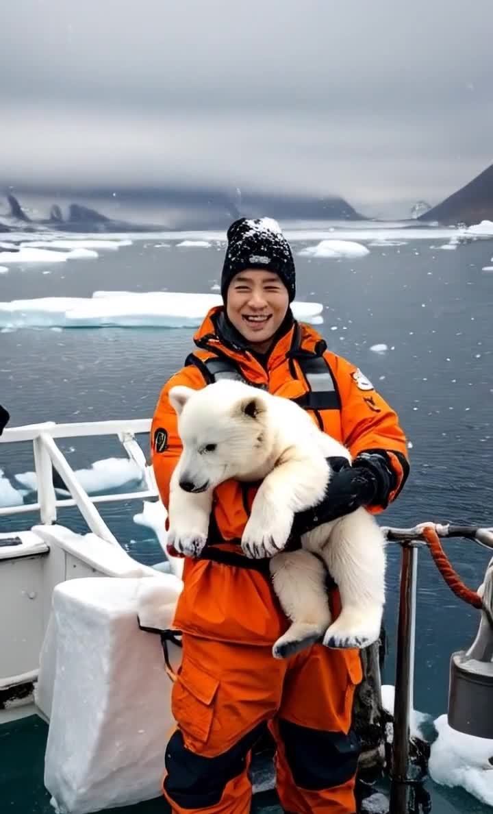 雪地船上男子怀抱北极熊幼崽微笑特写