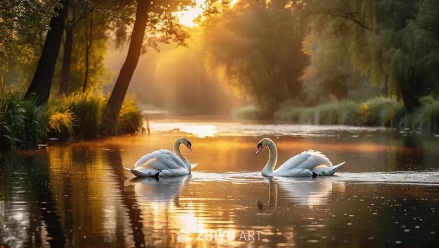 清澈的河流上，两只洁白的 Swan 天鹅在水面滑动