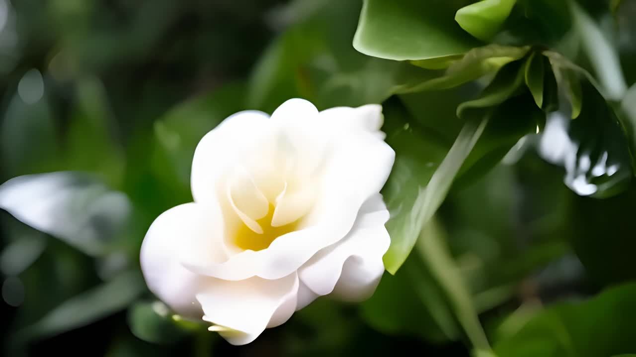 一个白色的花苞悬挂在绿叶之间，水滴从花苞和叶子上滴