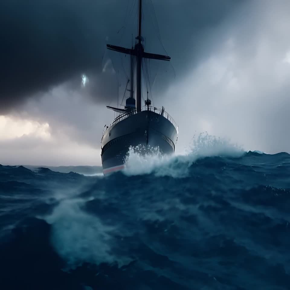 一艘船正在波涛汹涌的大海上航行。这艘船是一艘帆船，