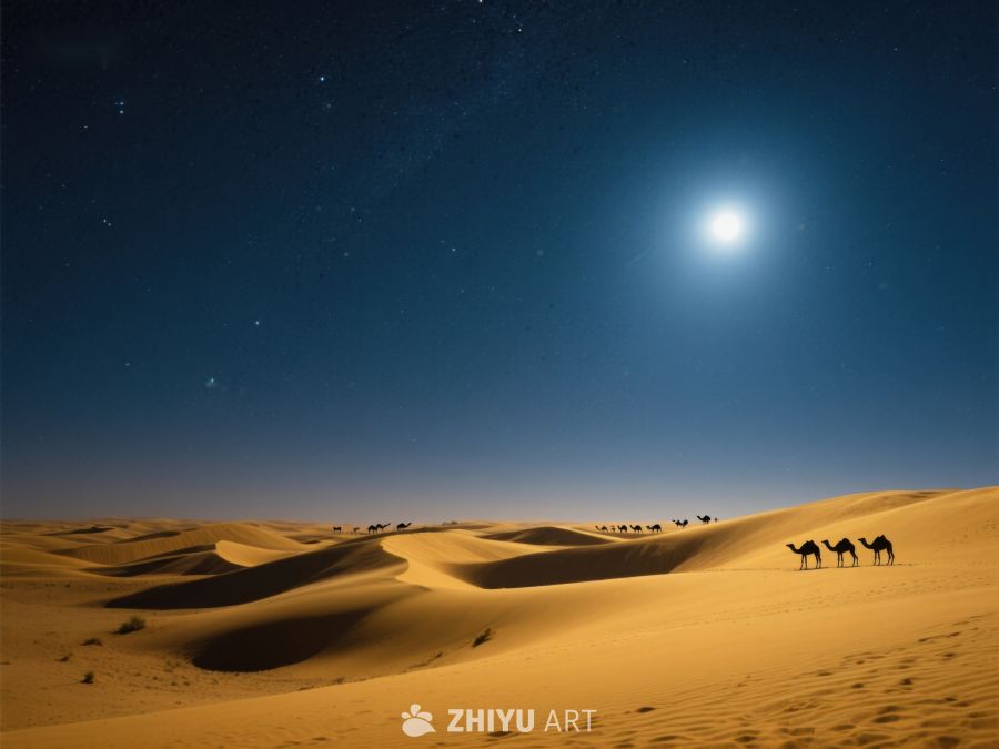 月夜沙漠骆驼剪影 590