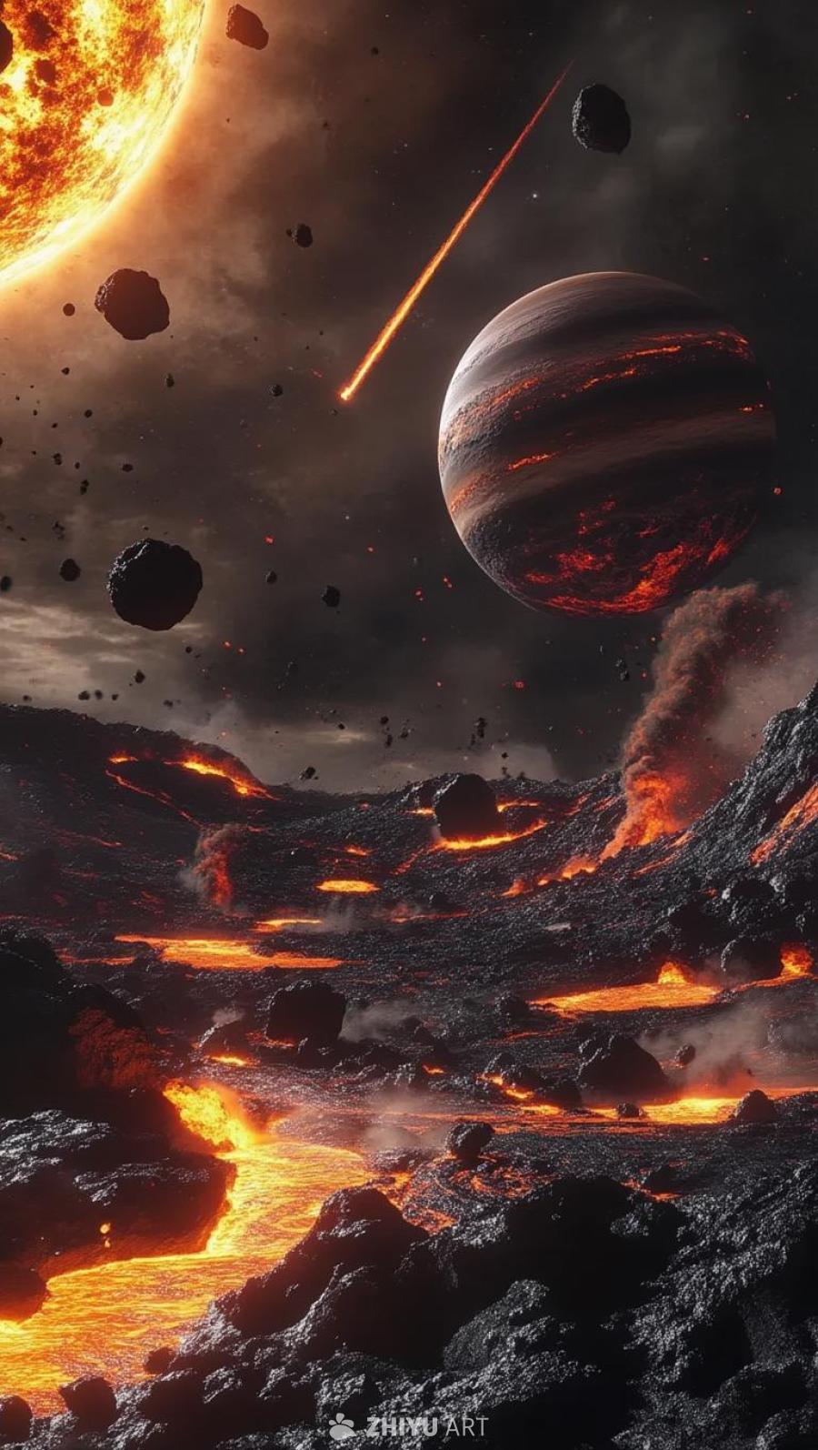 广阔而炽热的场景中，熔融的行星天体发生碰撞。熔岩海