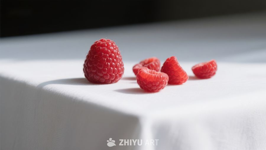 新鲜覆盆子静置白色布面