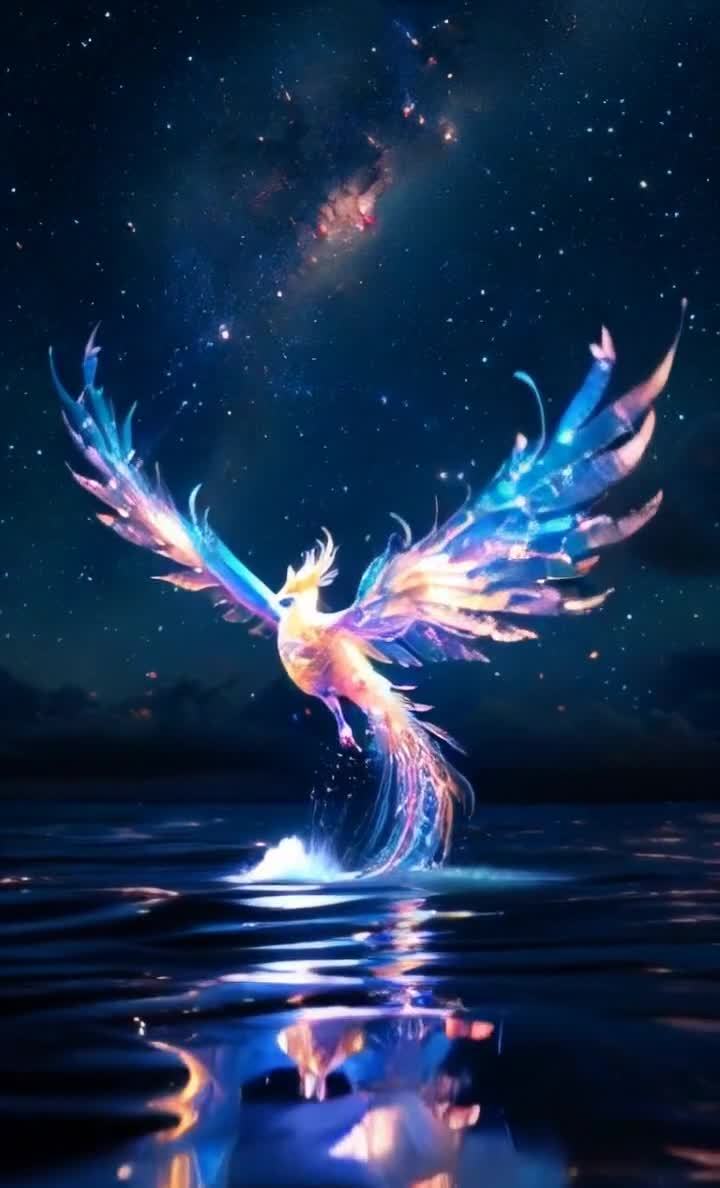 一只凤凰挥动着翅膀。图像背景为深蓝色夜空，点缀着星