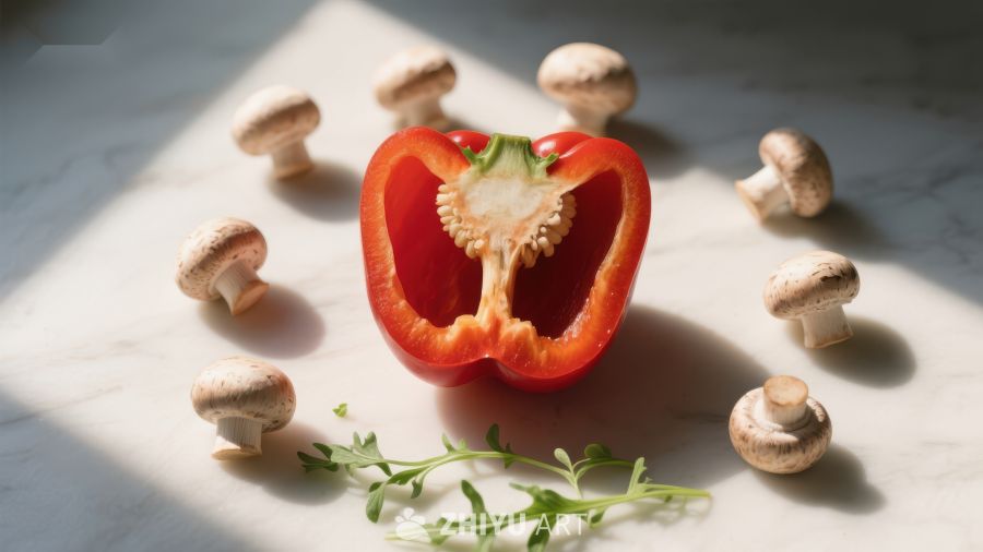 红椒蘑菇围成的美食构图