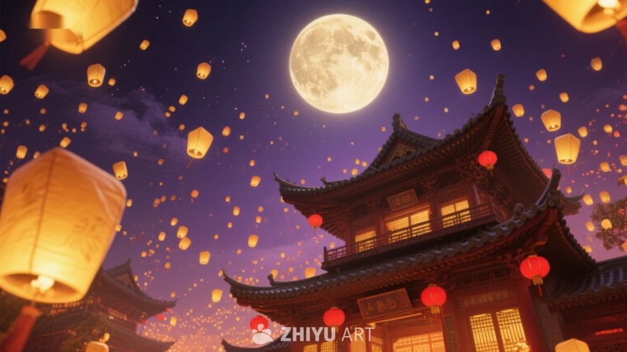 夜空下的古建筑与孔明灯 878