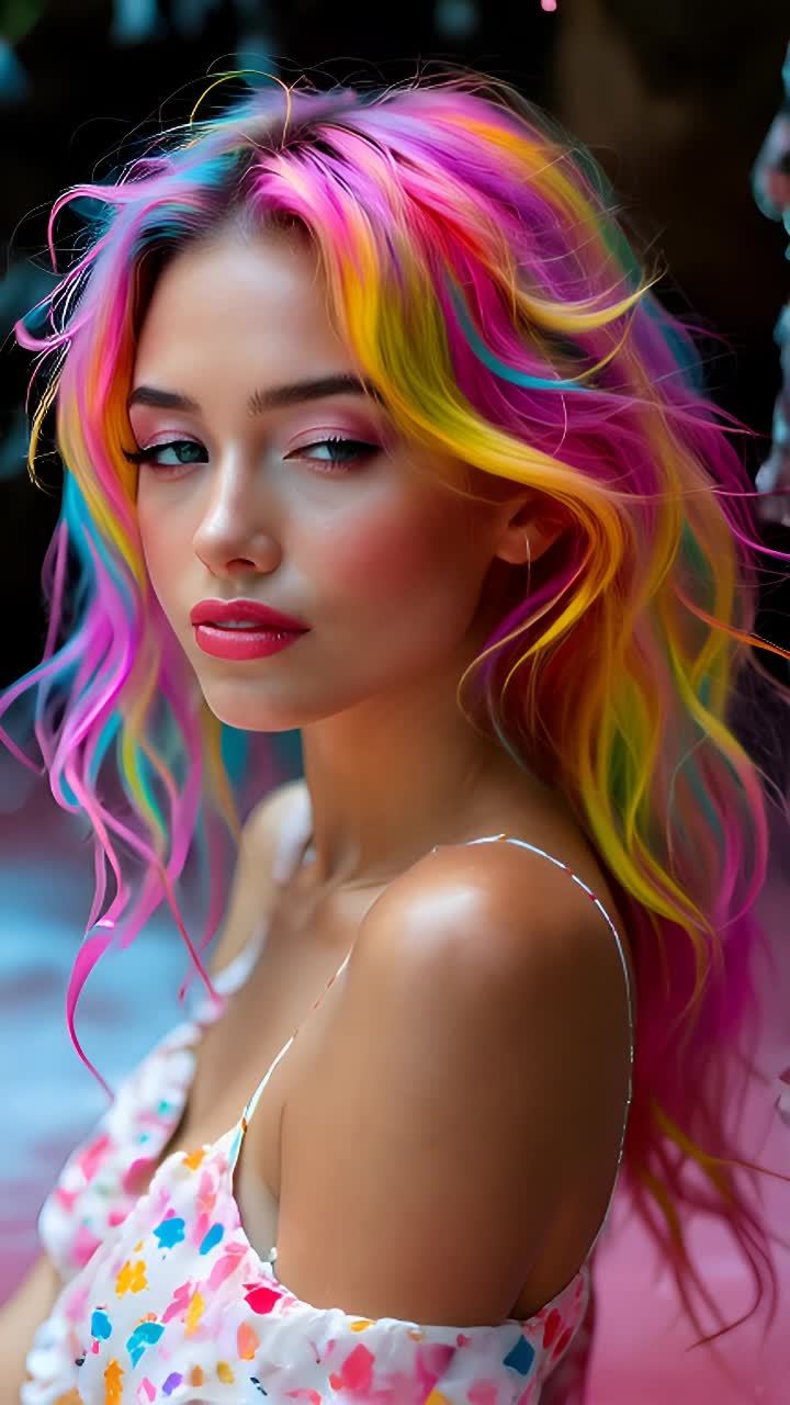 一个有着彩色头发的女人，她穿着一件带花纹的吊带连衣