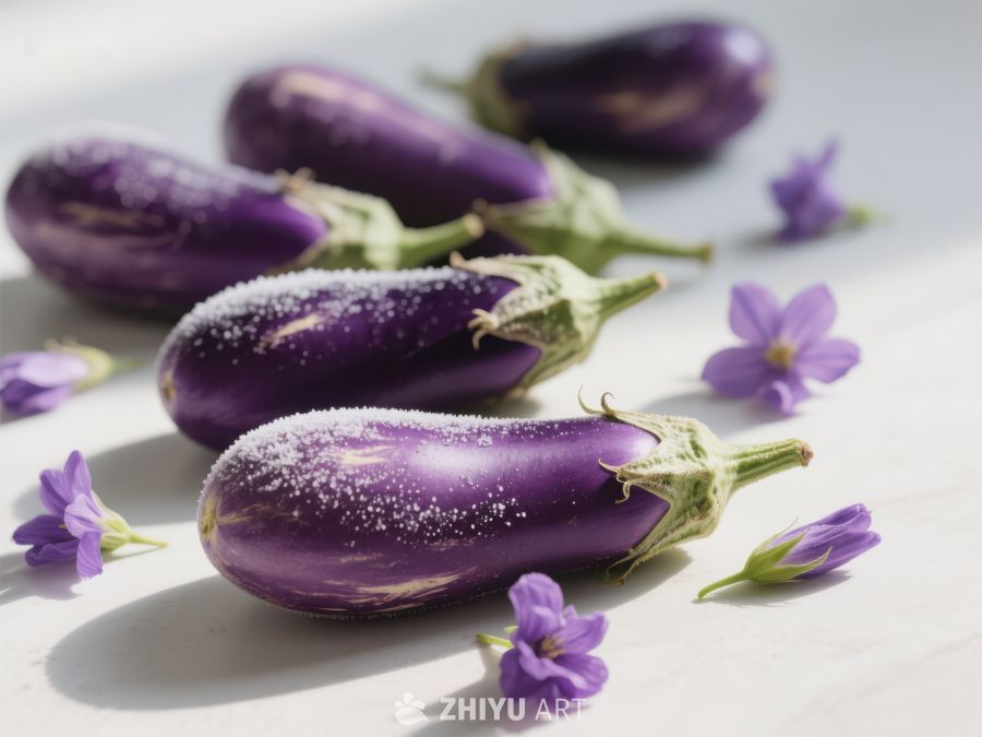 新鲜茄子与紫色花朵的静物组合 269