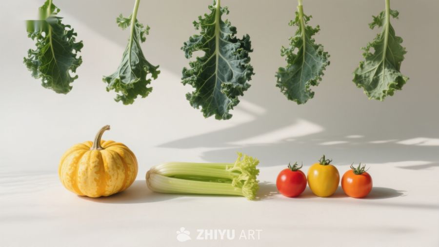 悬挂羽衣甘蓝与新鲜蔬果