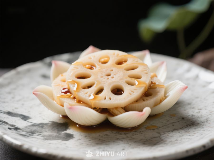 精致莲藕摆盘，点缀花瓣与酱汁 487