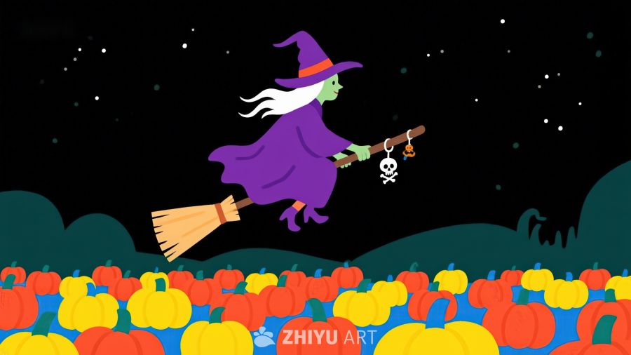 巫女骑扫帚飞越南瓜田