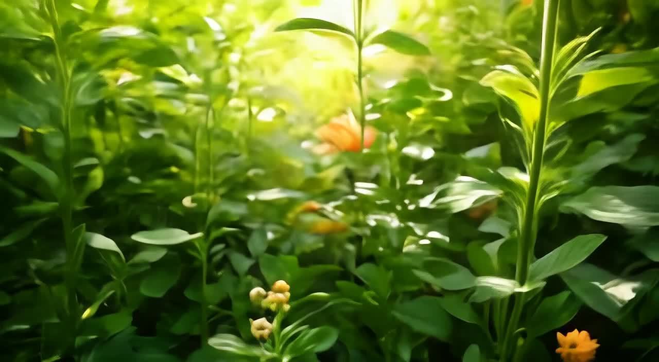 低角度拍摄，慢动作：在一个郁郁葱葱、充满活力的花园