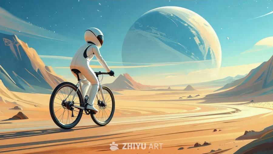 一个全身白色的卡通人物，骑着自行车在一个星球上。场