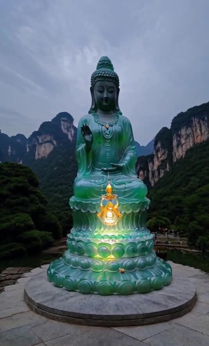 玉雕绿色观音坐像，背景山峰与天空。