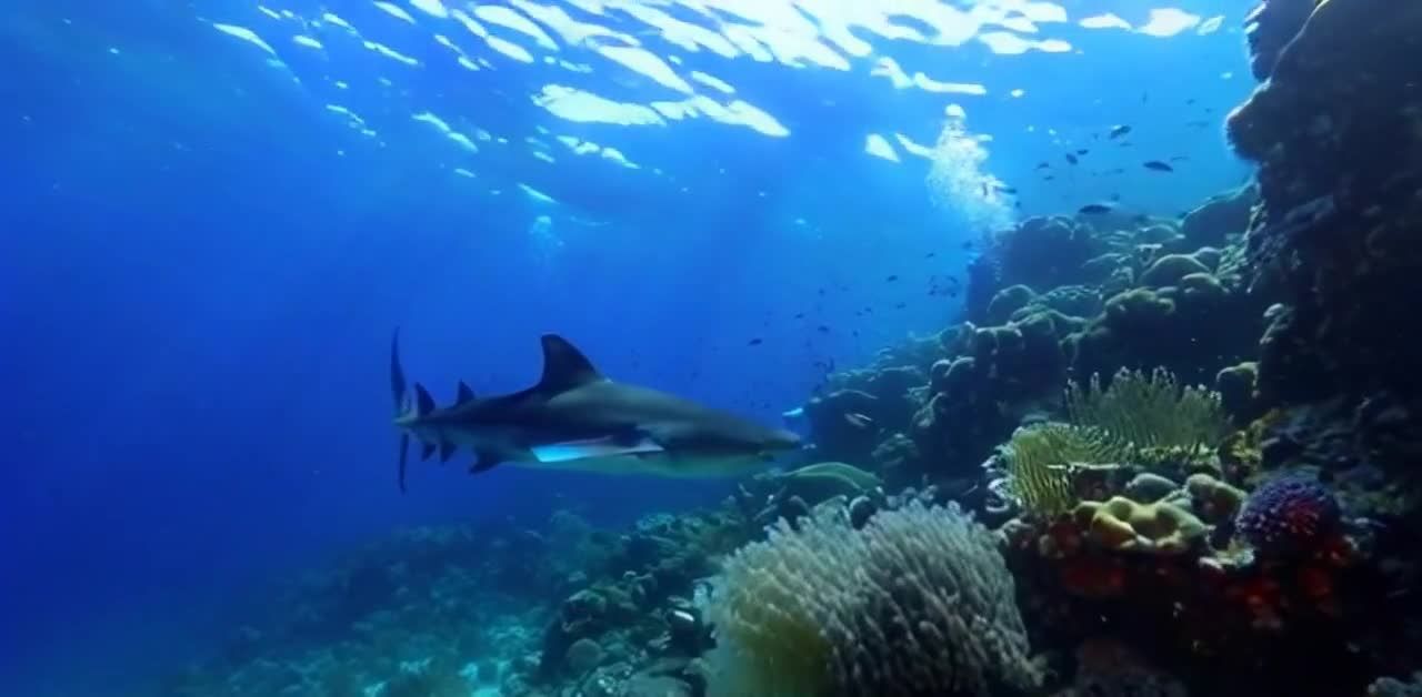 礁石旁，鲨鱼在蓝色海水中游动