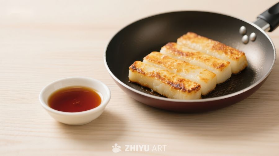 煎锅中的金黄糕点配酱油碟