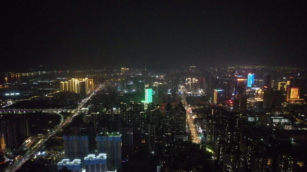 广东湛江城市夜景灯光交通城市大道航拍 
