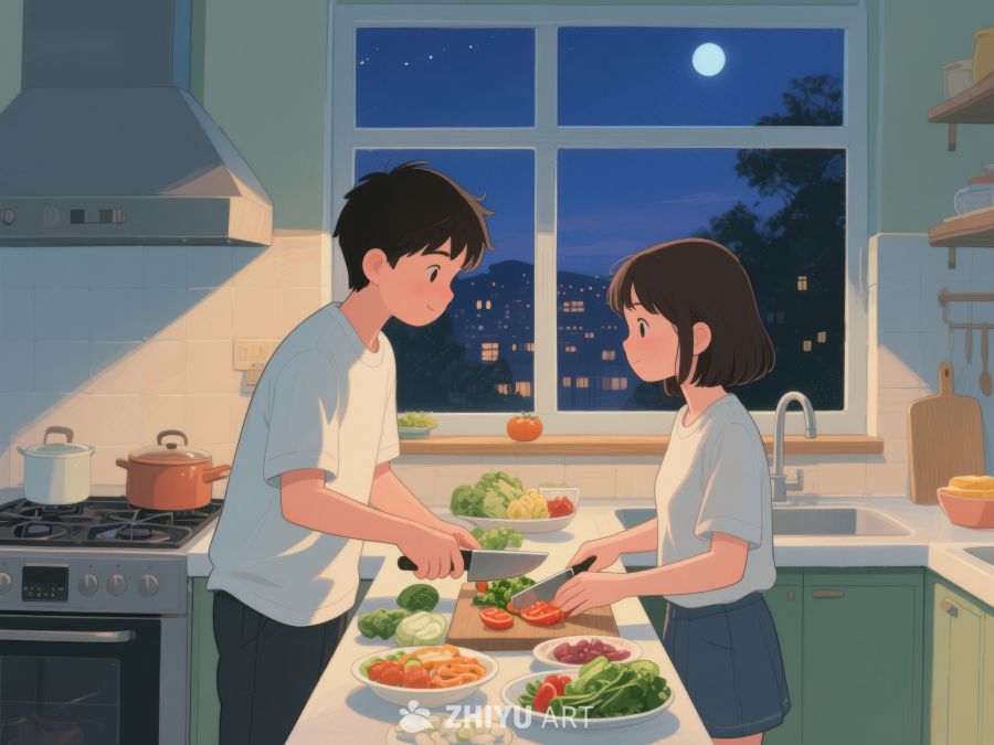 夜晚厨房中的温馨烹饪时光 1023