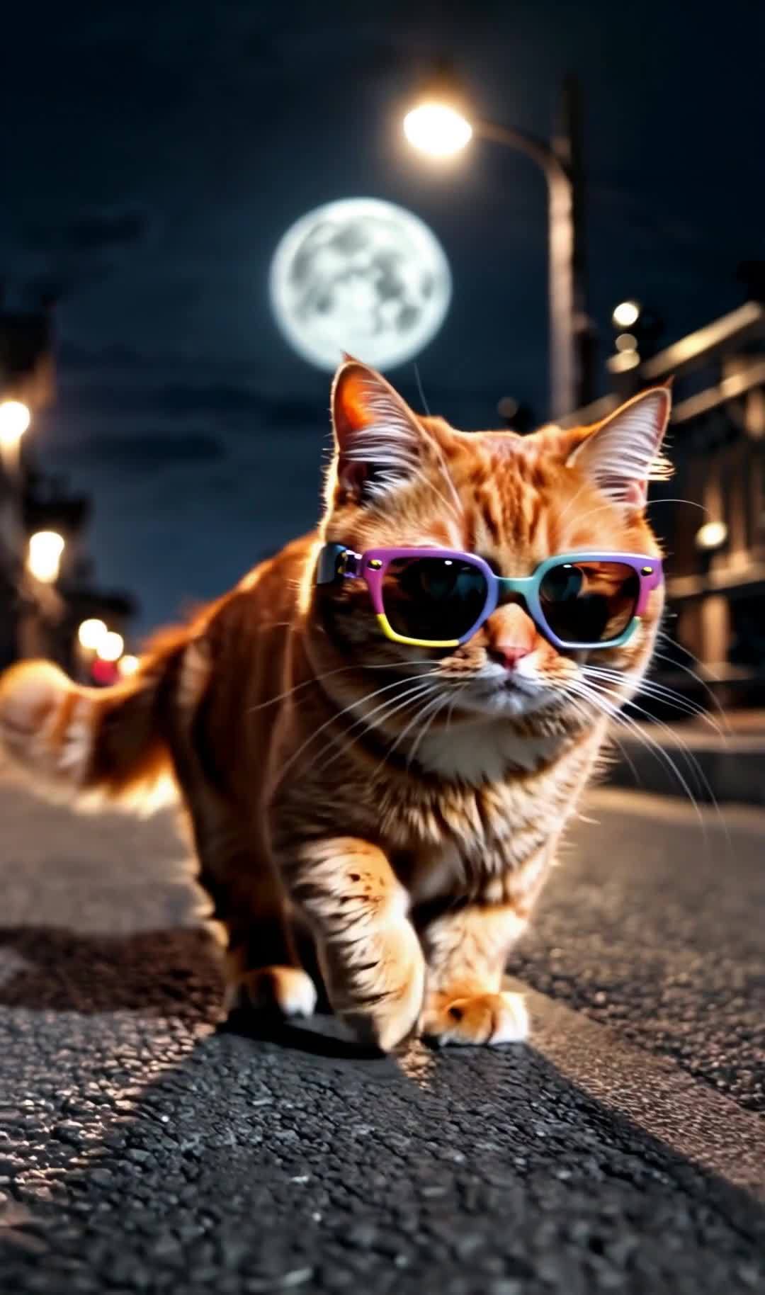 戴太阳镜的橘猫夜间行走在街头