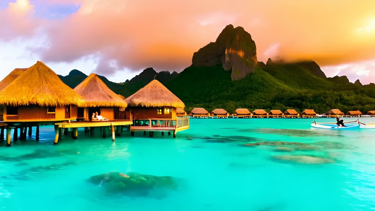 碧绿色的海水中，矗立着几栋茅草屋顶的水上小屋，小屋