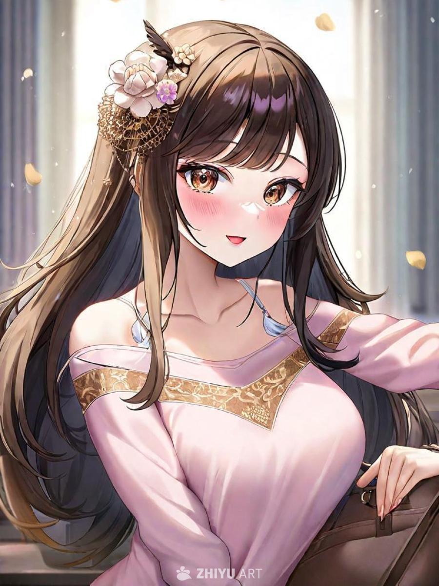一个留着深色头发、棕色眼睛的年轻女子，佩戴着花朵和