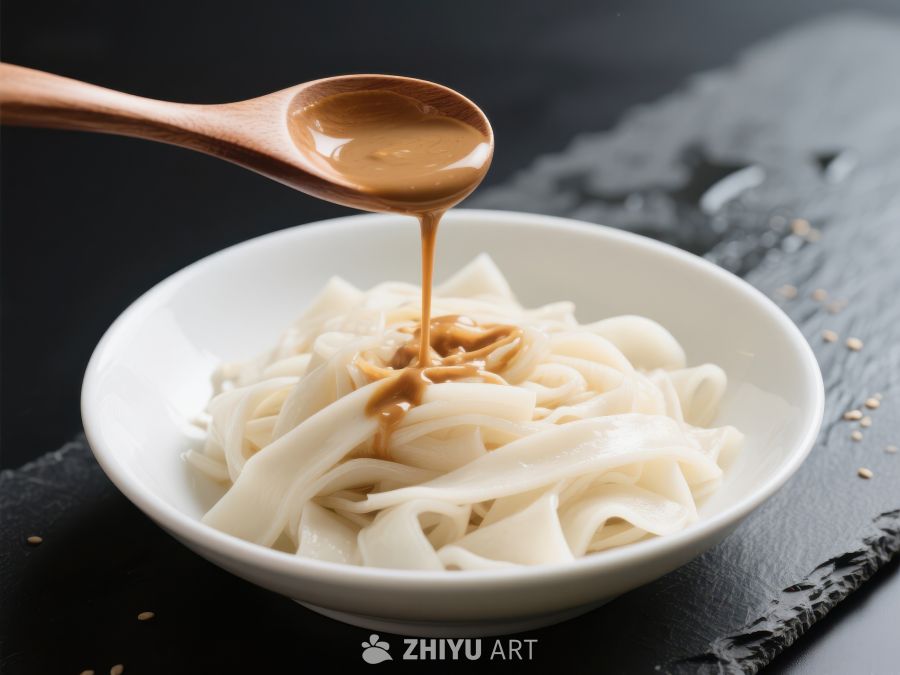 芝麻酱浇淋在面条上的美食特写 1800