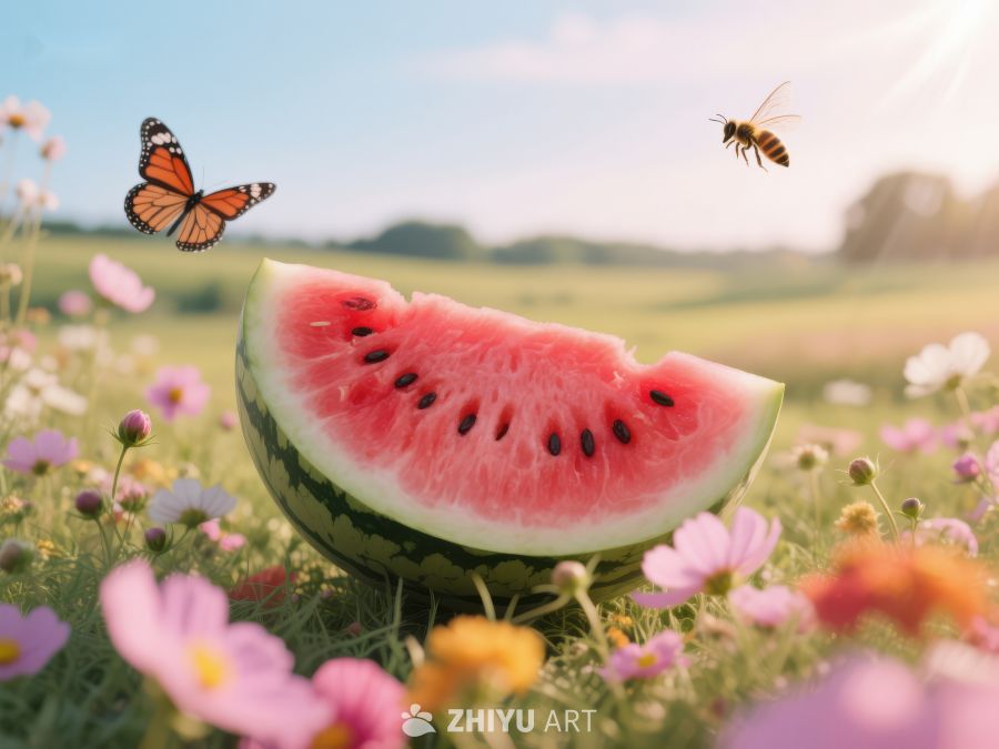 夏日花丛中的西瓜与蝴蝶 646