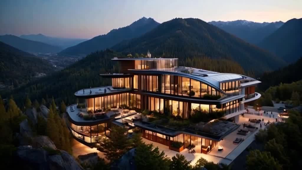 一座四层楼高的超现代山地酒店，带有屋顶餐厅，坐落在