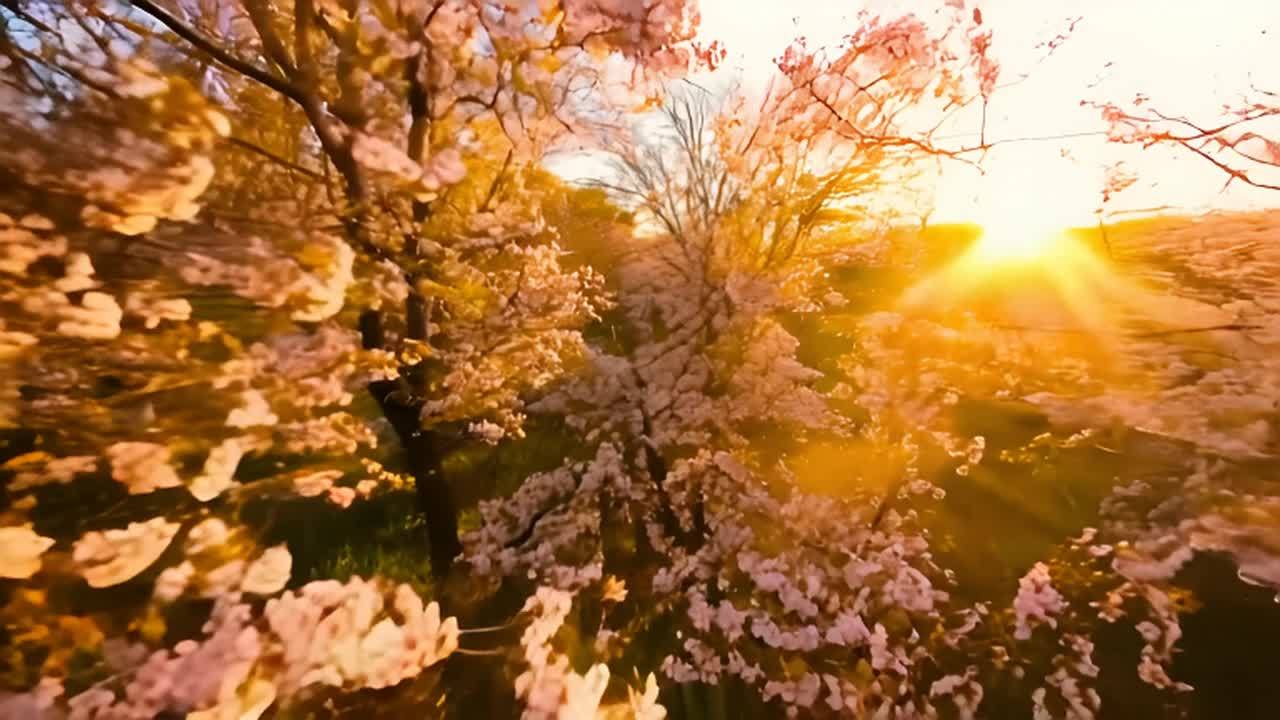 阳光穿过树林，照亮了白色和粉色的花朵。一些绿色的草