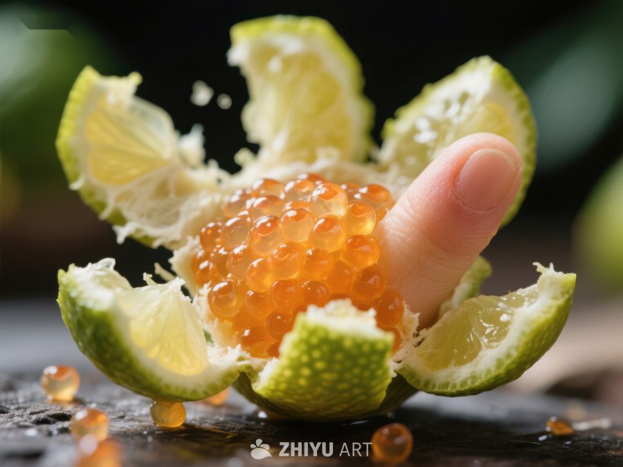 手指轻触柑橘果肉，橙色籽粒溢出 567