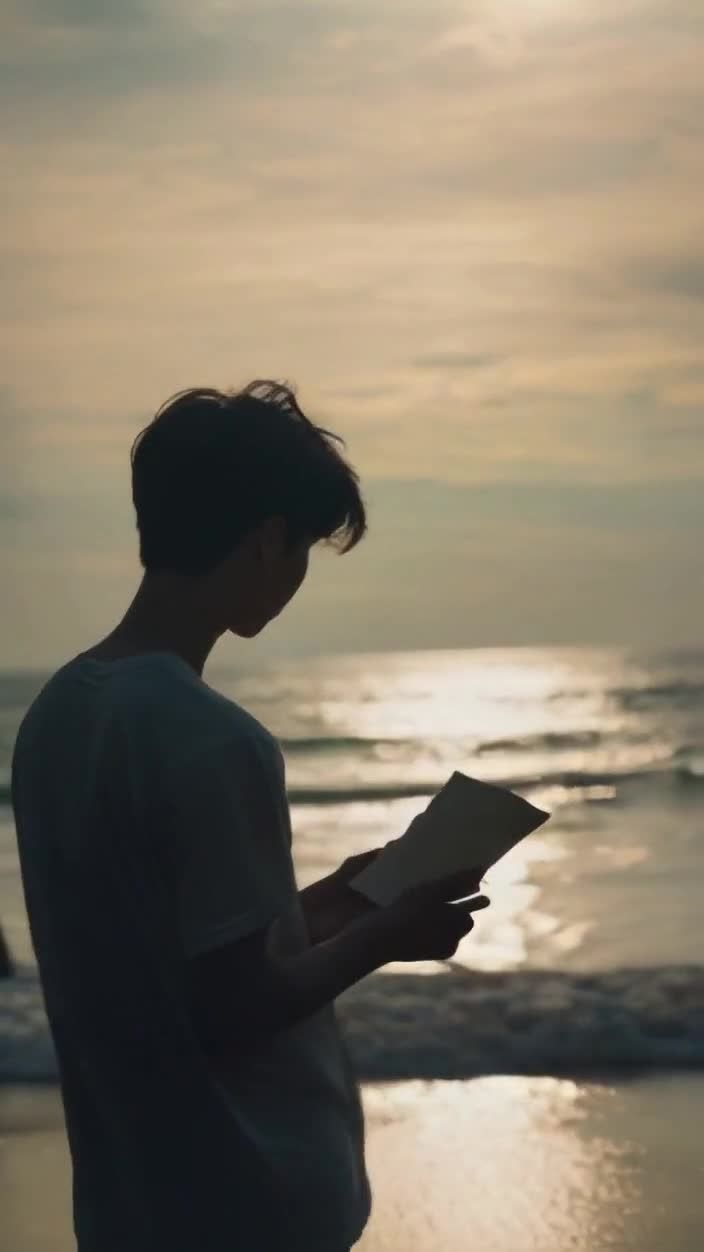 一位年轻男子站在海边，手中拿着一张纸。海面波光粼粼