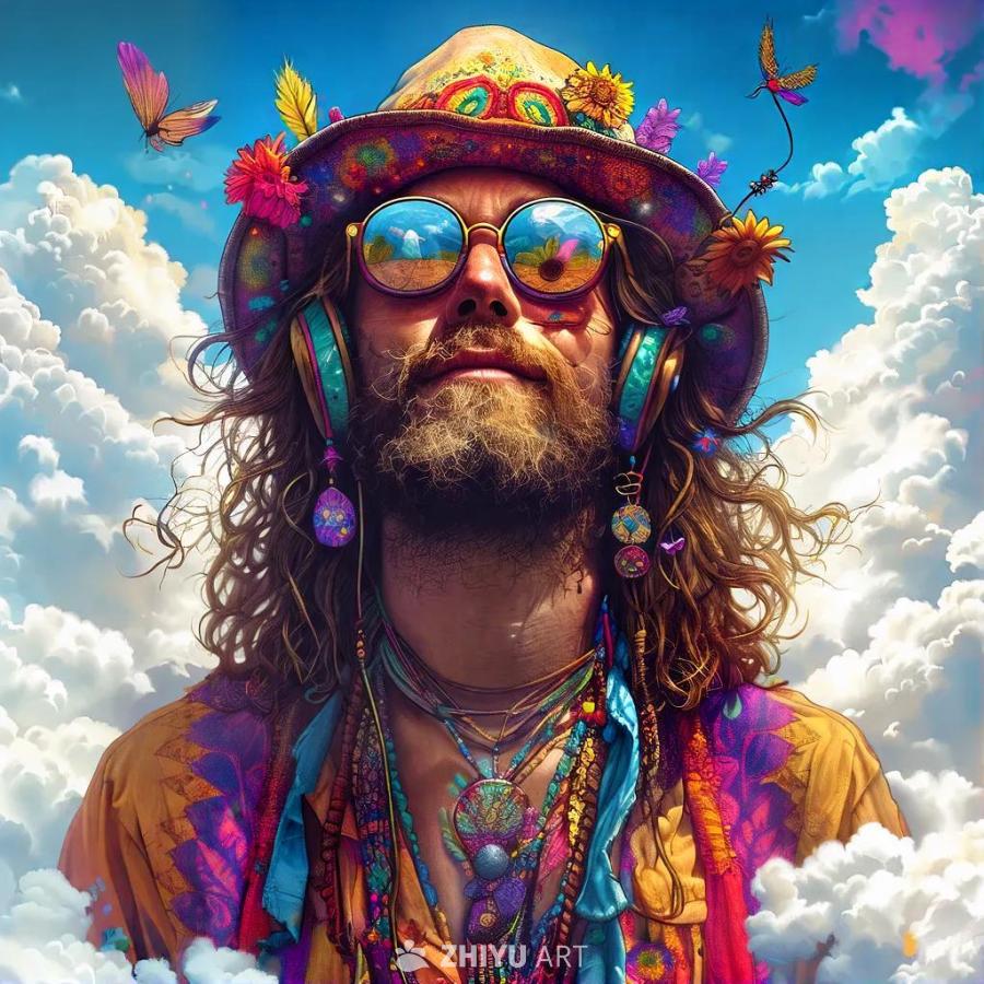 一个男人戴着装饰有花朵和羽毛的帽子，帽子上圆形眼镜