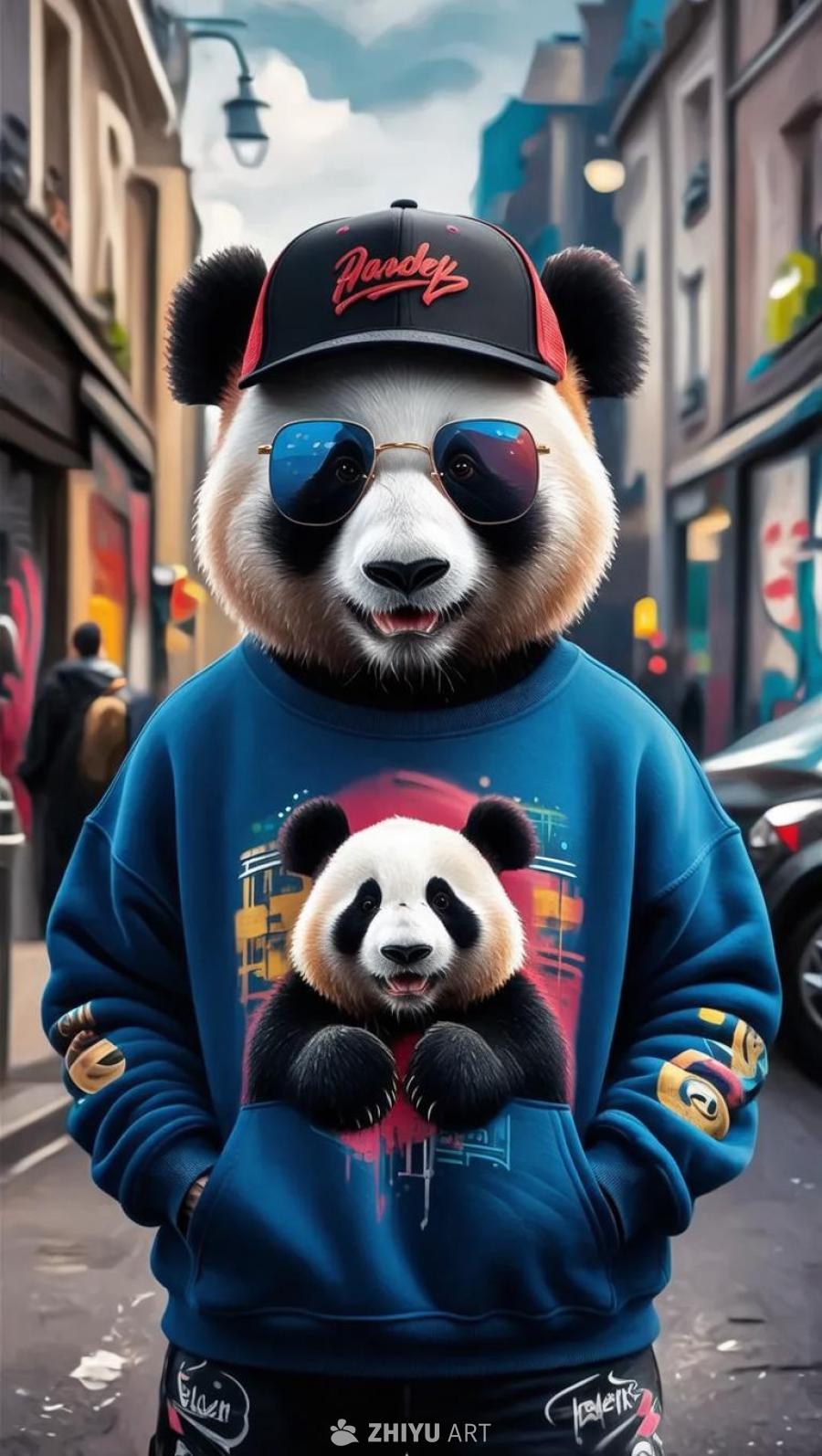 一只拟人化的熊猫戴着反戴的帽子，时髦的太阳镜，穿着