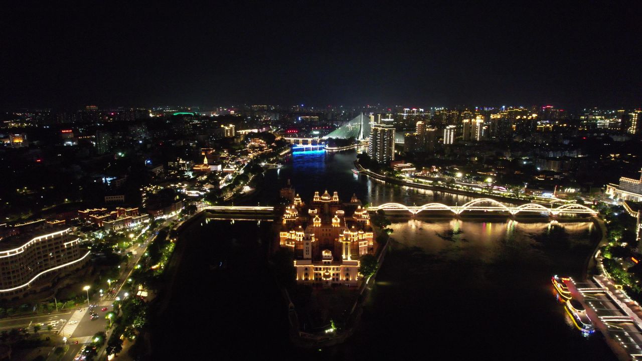 福建福州闽江两岸夜景航拍 
