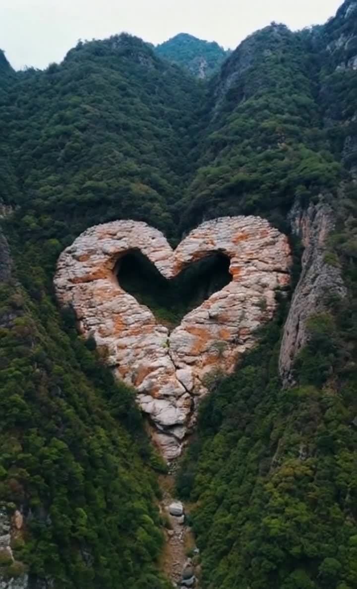 山间心形岩石，翠绿植被环绕，自然奇观。